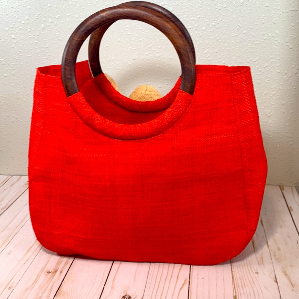 Mar y sol straw handbag with wood handles orange - Picture 2 of 5